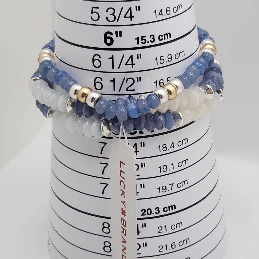 Boho Lucky Brand Blue White Gemstone Beaded Stretch Bracelet Set 3pc NEW - Picture 4 of 6